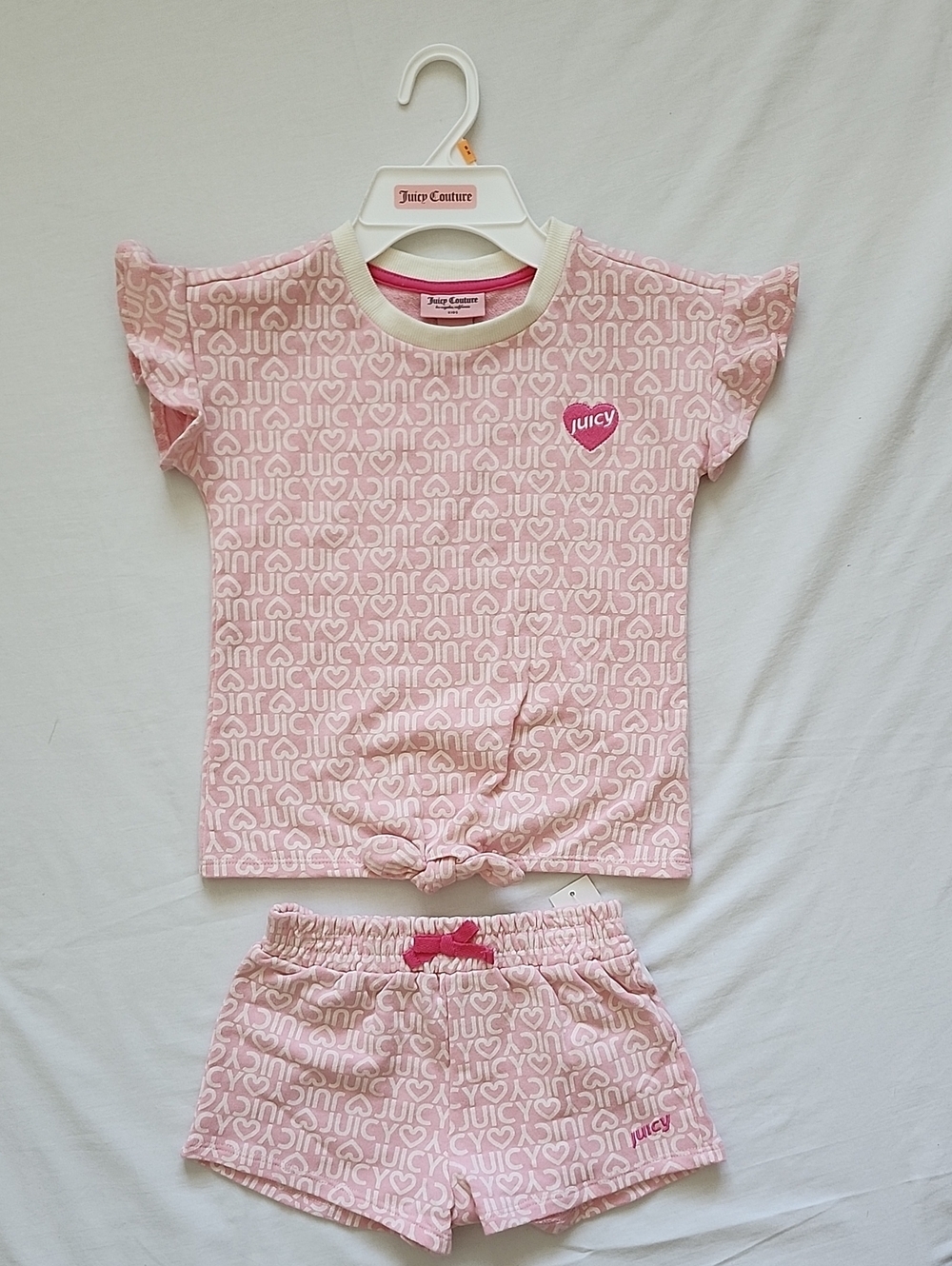 NWT Juicy Couture Kids Girl Pink Logo Flutter Sleeve Top & Shorts Set 6X - Picture 2 of 14